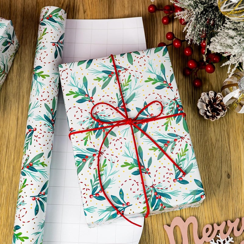 Retrify White Wrapping Paper Roll - Cute Red Berry and Green Leaves Mini Roll Foil Gift Wrap Paper for Christmas Holiday Festive Decoration - 17 Inches x 32.8 Feet - Image 3